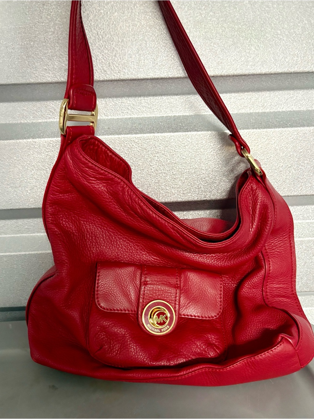 Michael Kors Red Pebbled Leather Hobo Shoulder Bag with Gold Hardware